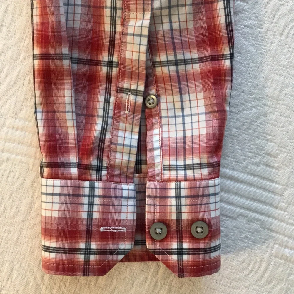 Banana Republic Red White Black Plaid Western Inspired Shirt Size L Tall 16”